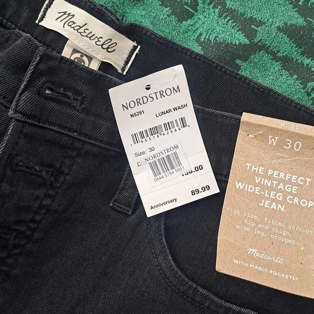 Madewell Nordstrom High Rise Black Jeans W30 Vintage New W/Tags Wide Leg Crop - Picture 4 of 6